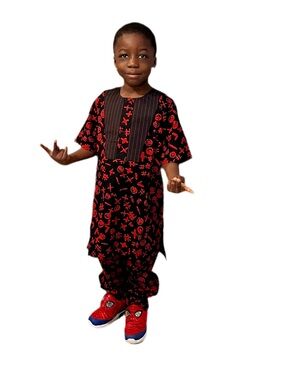 Black and Red Kids' Printed Traditional Tunic Set